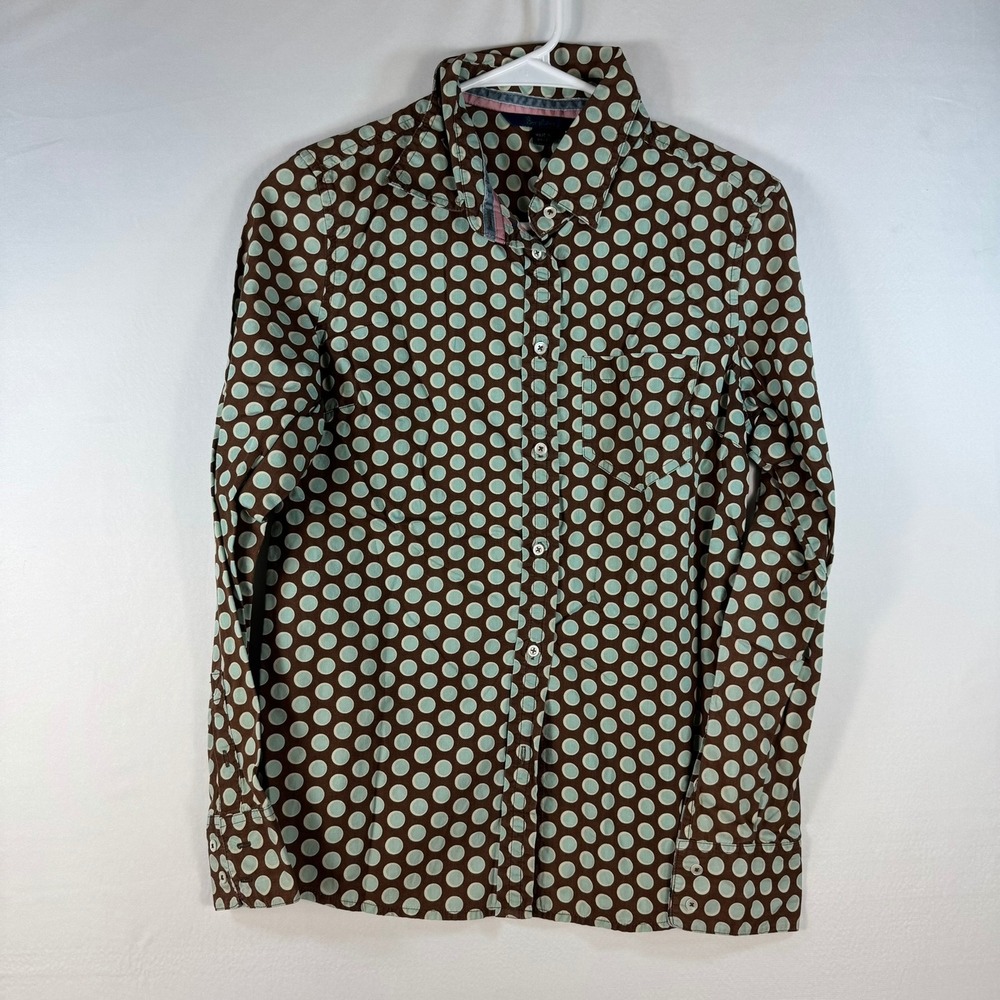 Boden Womens Brown Blue Polka Dot Cotton Button Down Shirt Size 12 WA161